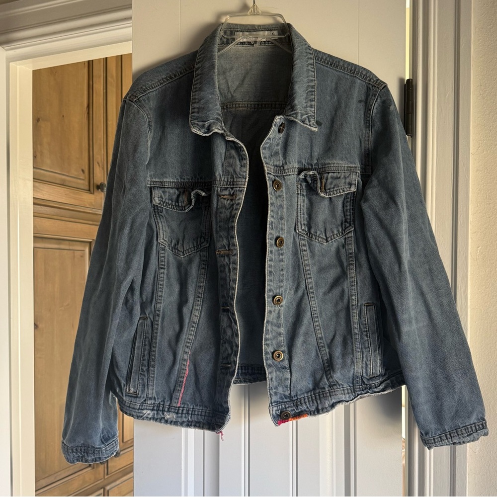 Distressed Embroidered Denim Blue Jean Jacket